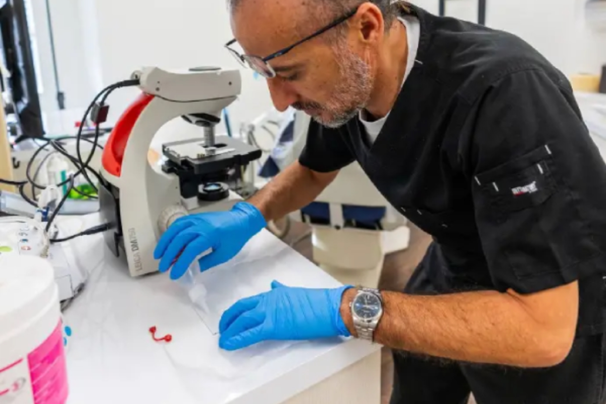 A person in blue gloves examines a sample under a microscope in a laboratory setting.